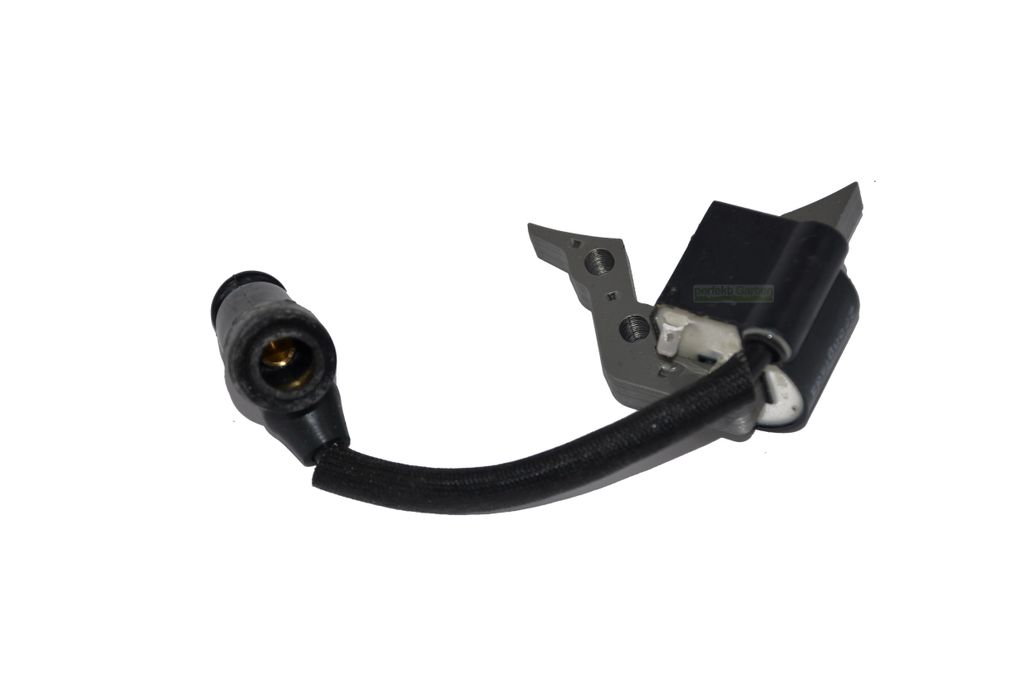 A close-up studio shot of a lawnmower ignition coil.