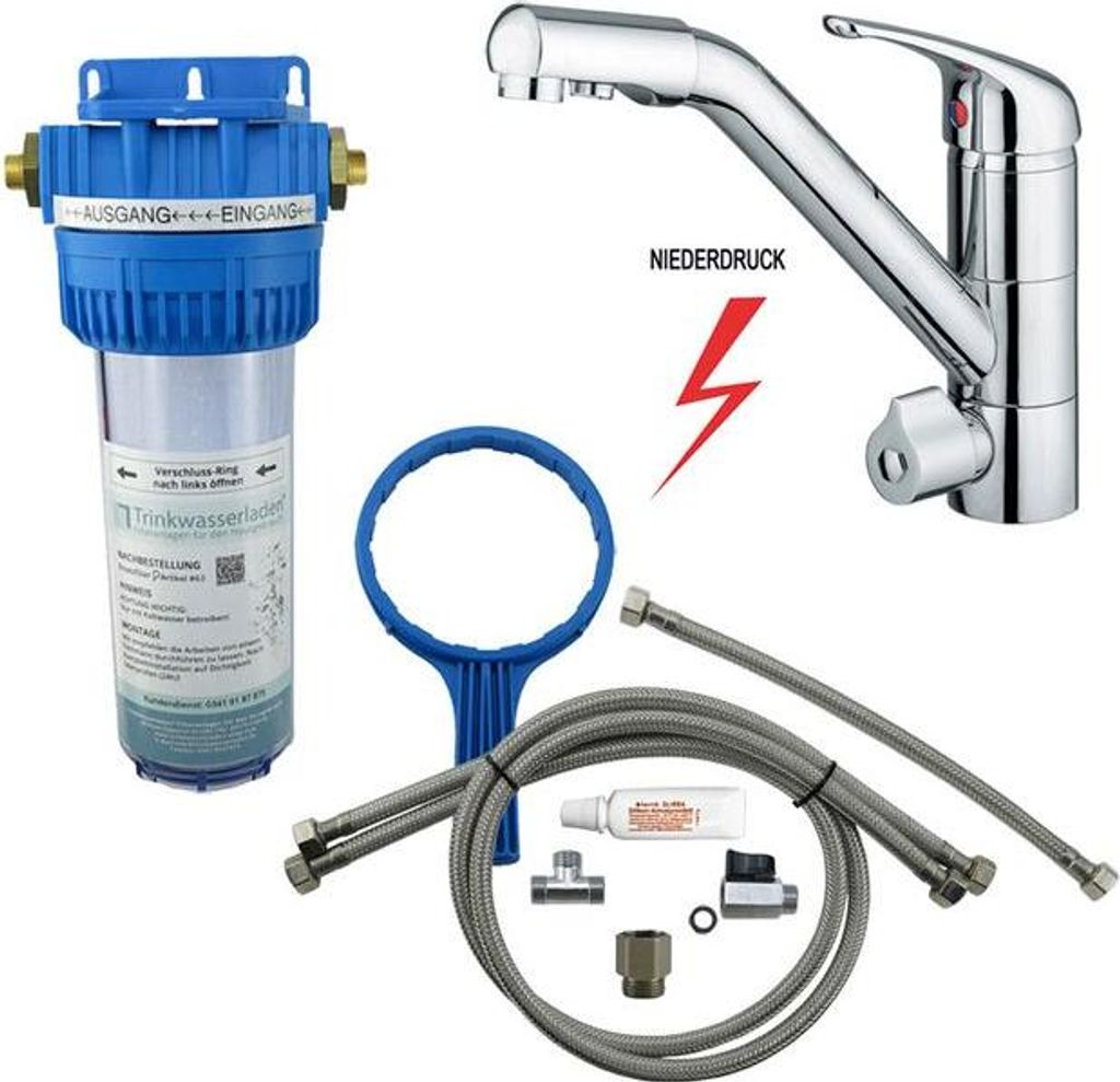 TWL Vario Wasserfiltergehäuse Premium mit 4-Wege-Hahn 'Flach' in Chrom-Optik für Niederdruck