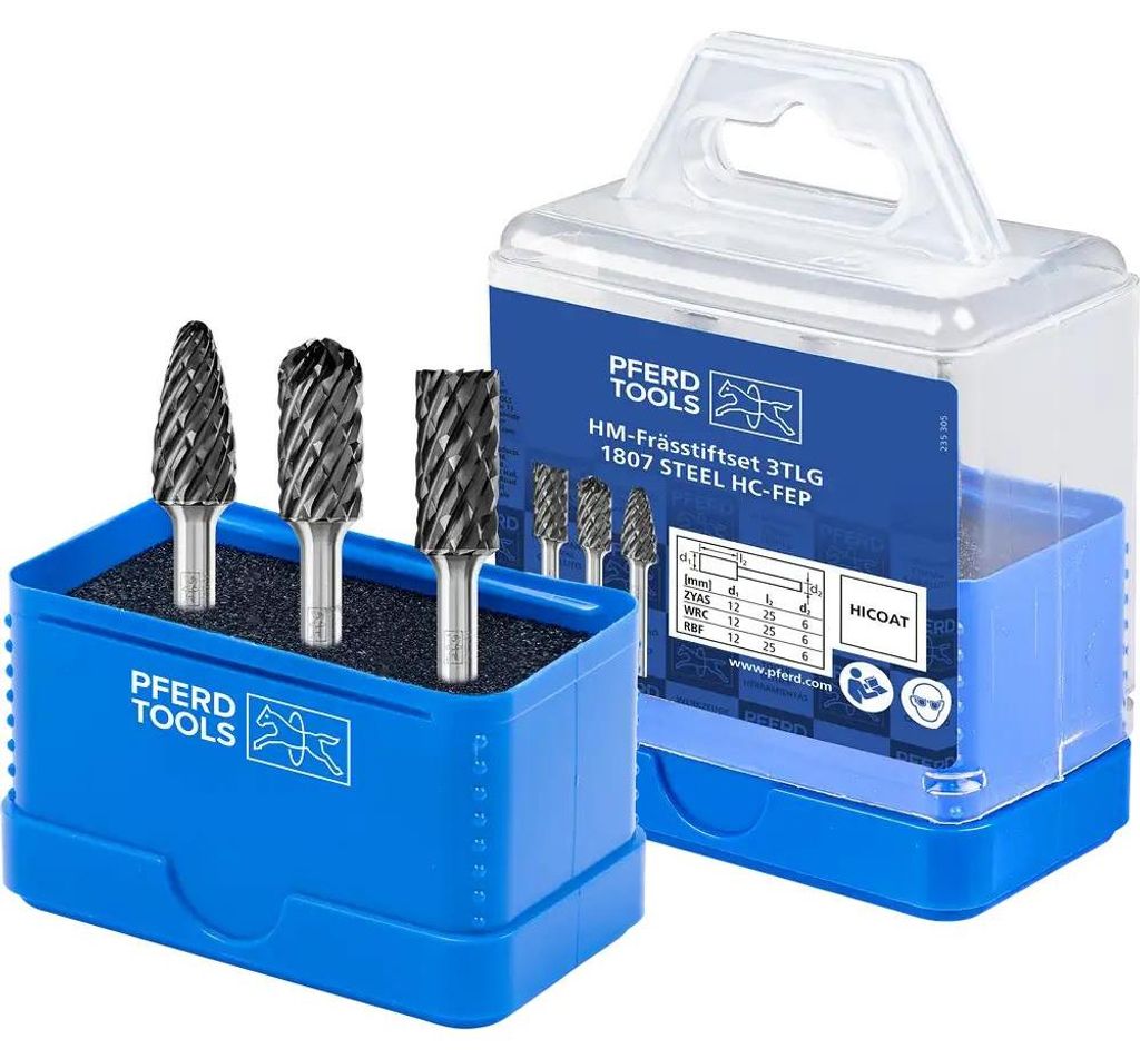 PFERD TOOLS Hartmetall Hochleistungsfrässtift Set 1807 STEEL 3-tlg Ø 12mm Schaft-Ø 6mm HICOAT beschichtet beschichtet für für Stahl