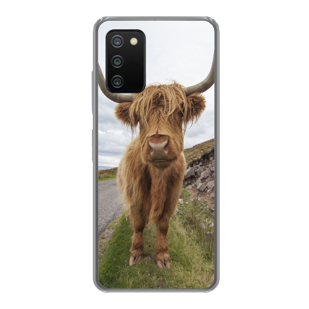MuchoWow Handyhülle Schutzhülle Hülle für Samsung Galaxy A03s Schottischer Highlander - Hörner - Berg Silikon Softcase Handy Hülle - Schutz