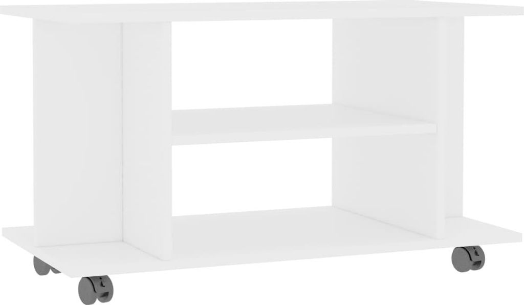A white TV stand with two shelves and wheels.