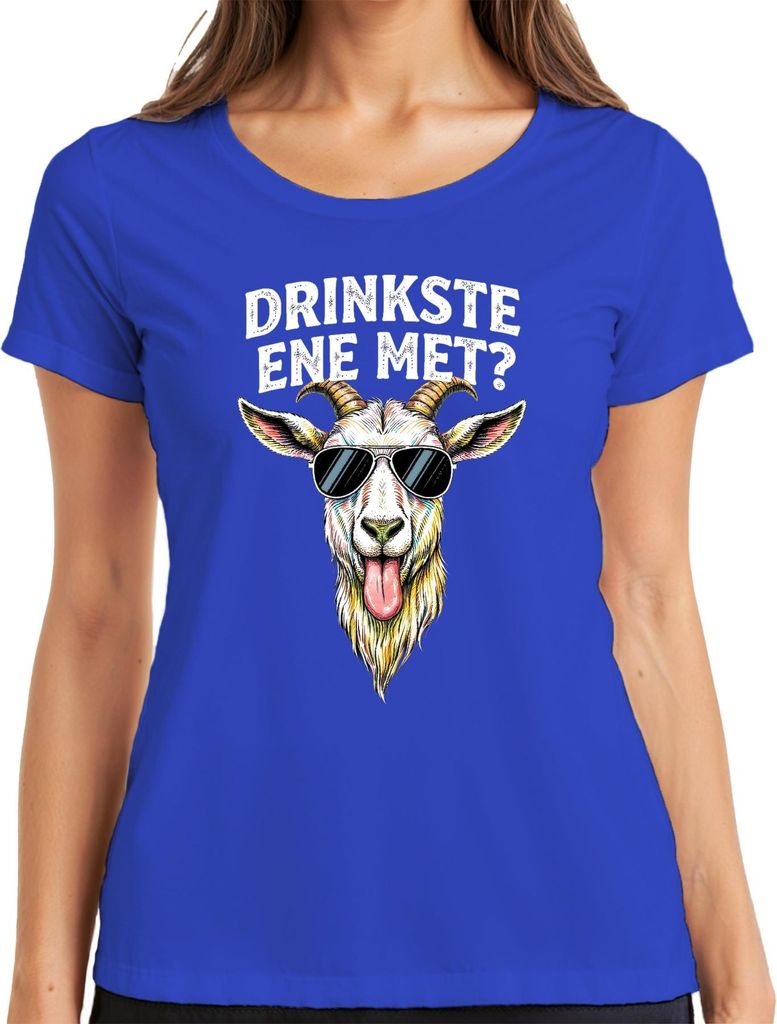 Drinkste ene met? Kölsch Ziegenkopf Sonnenbrille lustig Karneval Damen T-Shirt, Blau, S