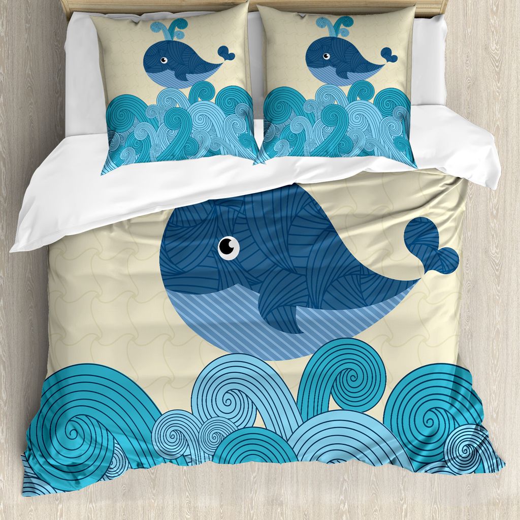 ABAKUHAUS Wal Bettbezug, Smiling Whale und Linien, Milbensicher Allergiker geeignet mit Kissenbezügen, 200 cm x 200 cm - 80 x 80 cm, Dunkelblau un...