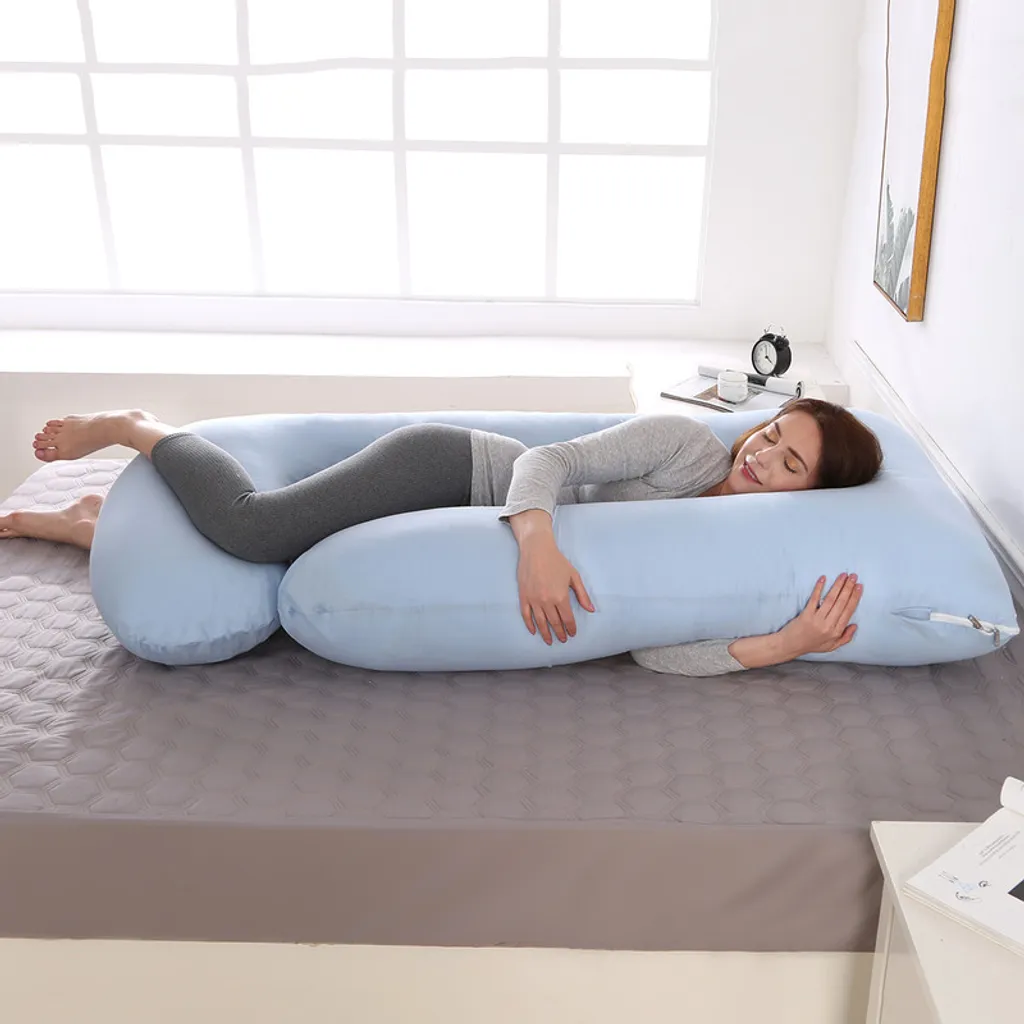 Coussin de maternité grand format bleu pour dormir sur le côté en J - 7