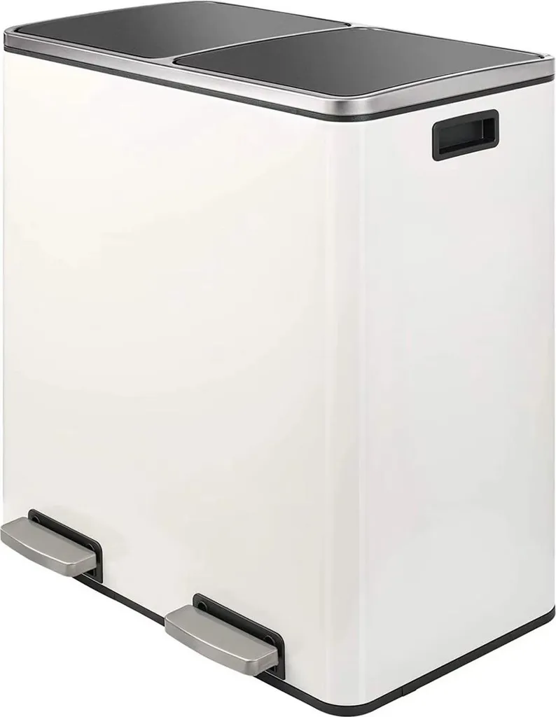 Poubelle de tri sélectif 60L double bac blanc inox à pédale silencieuse