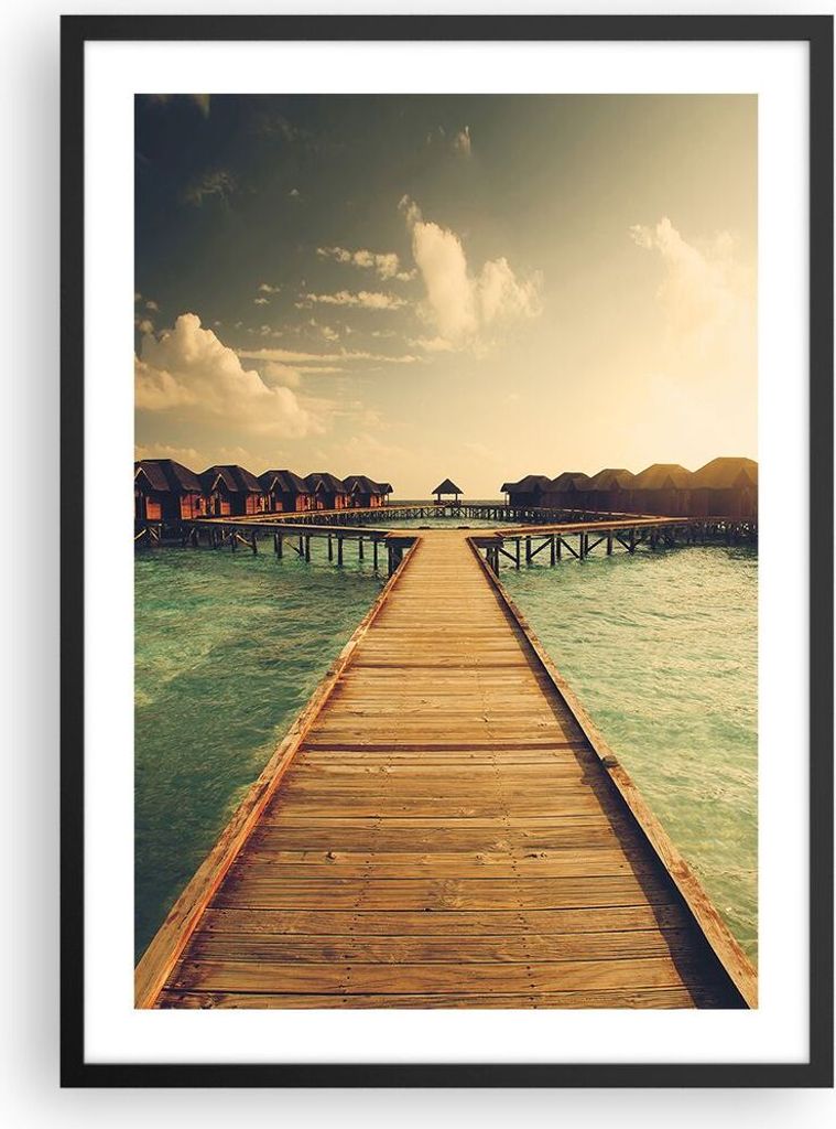 Gerahmtes Poster - Schwarzer Rahmen - Malediven Ferienhäuser Wasser - 50x70 cm - Wand Bild - Wanddeko - Wandbilder - Kunstposter - Wandposter - Bi...