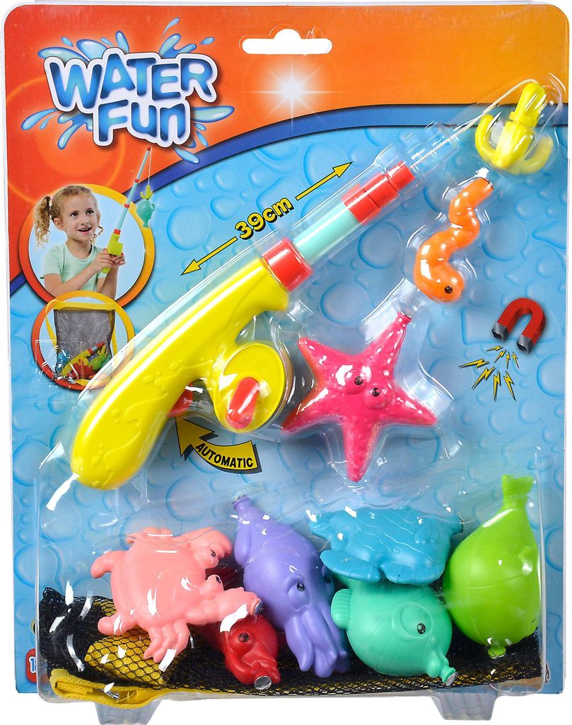 Simba 107796069 - Großes Magnet Angelspiel, aufziehbare Angelrute mit Automatikfunktion, 39cm, 7 Meerestiere und 1 Köder, in Netztasche, Angeln, ...