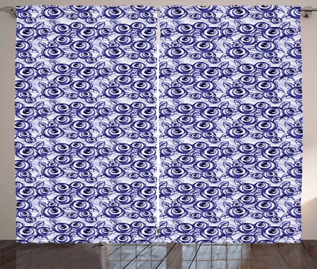 ABAKUHAUS Tenda rustica con motivi floreali, rosa classica femminile, tenda con passanti e ganci per camera da letto, 280 x 175 cm, blu violetto