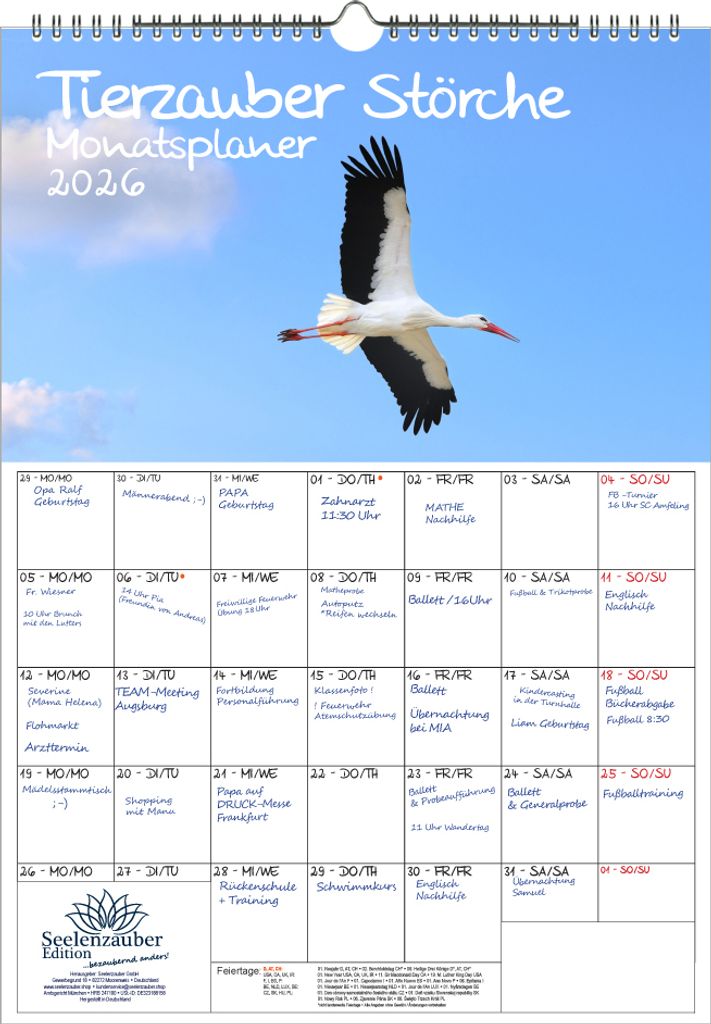Tierzauber Störche Planer DIN A3 Kalender für 2026 Tierzauber Störche - Seelenzauber