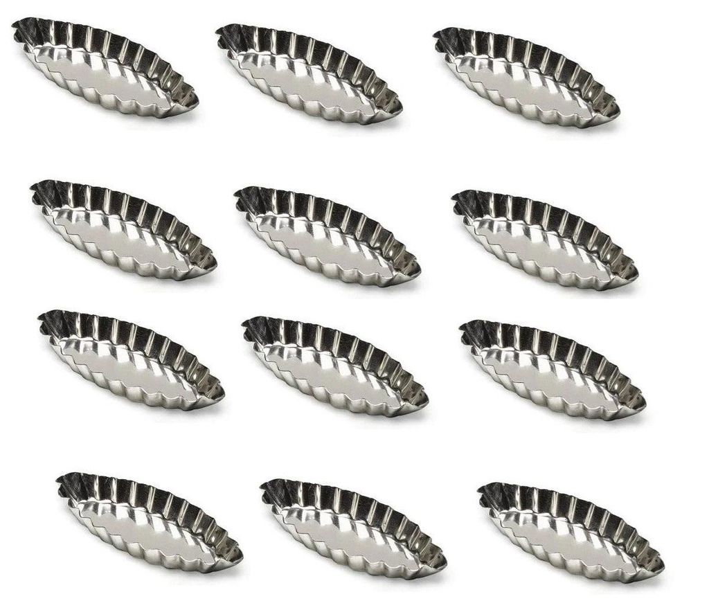 12 x Backform Schiffchen für Desserts + Tartes oval gewellt 90x40x12mm Weißblech Lebensmittelecht Gastro-Qualität
