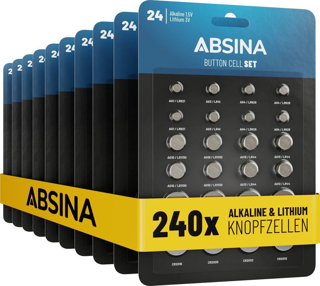 ABSINA 10x 24er Pack Alkaline & Lithium Knopfzellen, AG1 AG3 AG4 AG10 AG13 CR2016 CR2025 CR2032, Knopfzelle Sortiment 1,5V & 3V