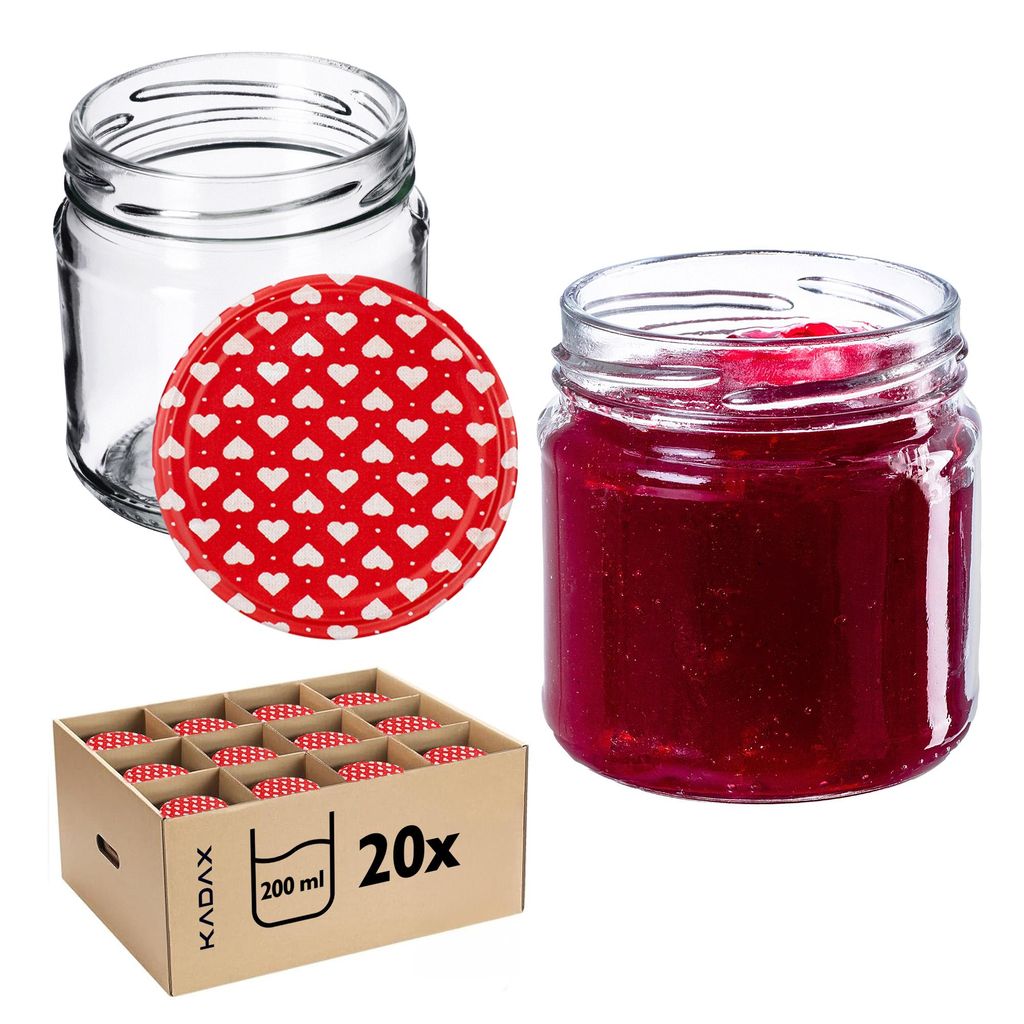 KADAX Einmachgläser mit Deckel "Lerma", Einweckgläser, 200 ml, Deckel mit roten Herzen, 20 Stück