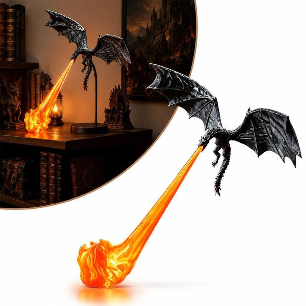 Drachen Deko 3D-Druck feuerspeiend – Flügel 20cm, schwarz, Produktbild 