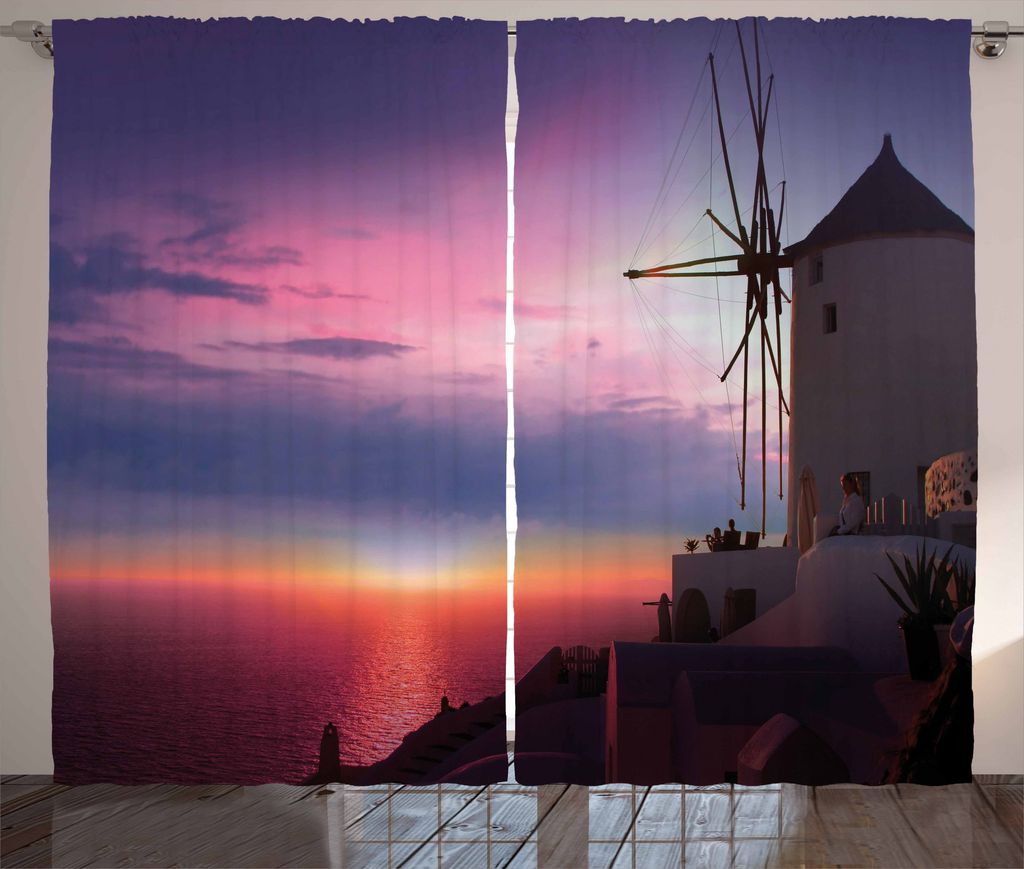 ABAKUHAUS Windmühle Rustikaler Gardine, Greek Village Aegean, Schlafzimmer Kräuselband Vorhang mit Schlaufen und Haken, 280 x 225 cm, Mehrfarbig