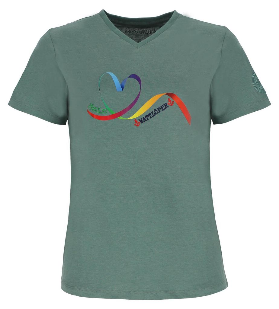 Wattlöper Damen T-Shirt mit Schleifen-Herz-Print und Moin-Stickerei - Kurzarm-Shirt mit V-Ausschnitt in Dill Größe XL