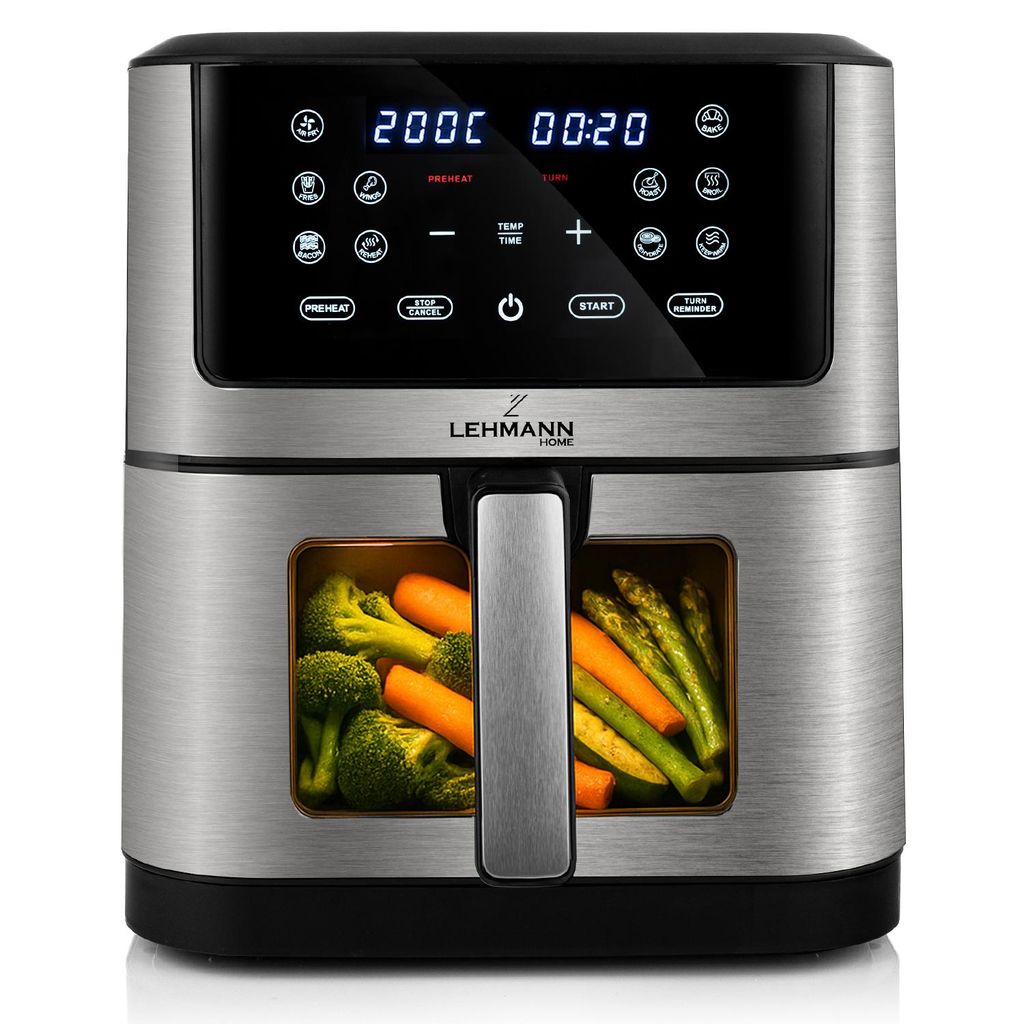 A stainless steel air fryer with a digital display and a window showing vegetables inside.