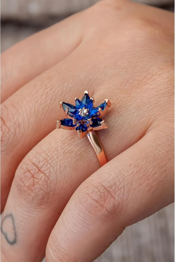 Bague Lotus Réglable Argent 925 Idéale Cadeau Bijou Zircone Bleu