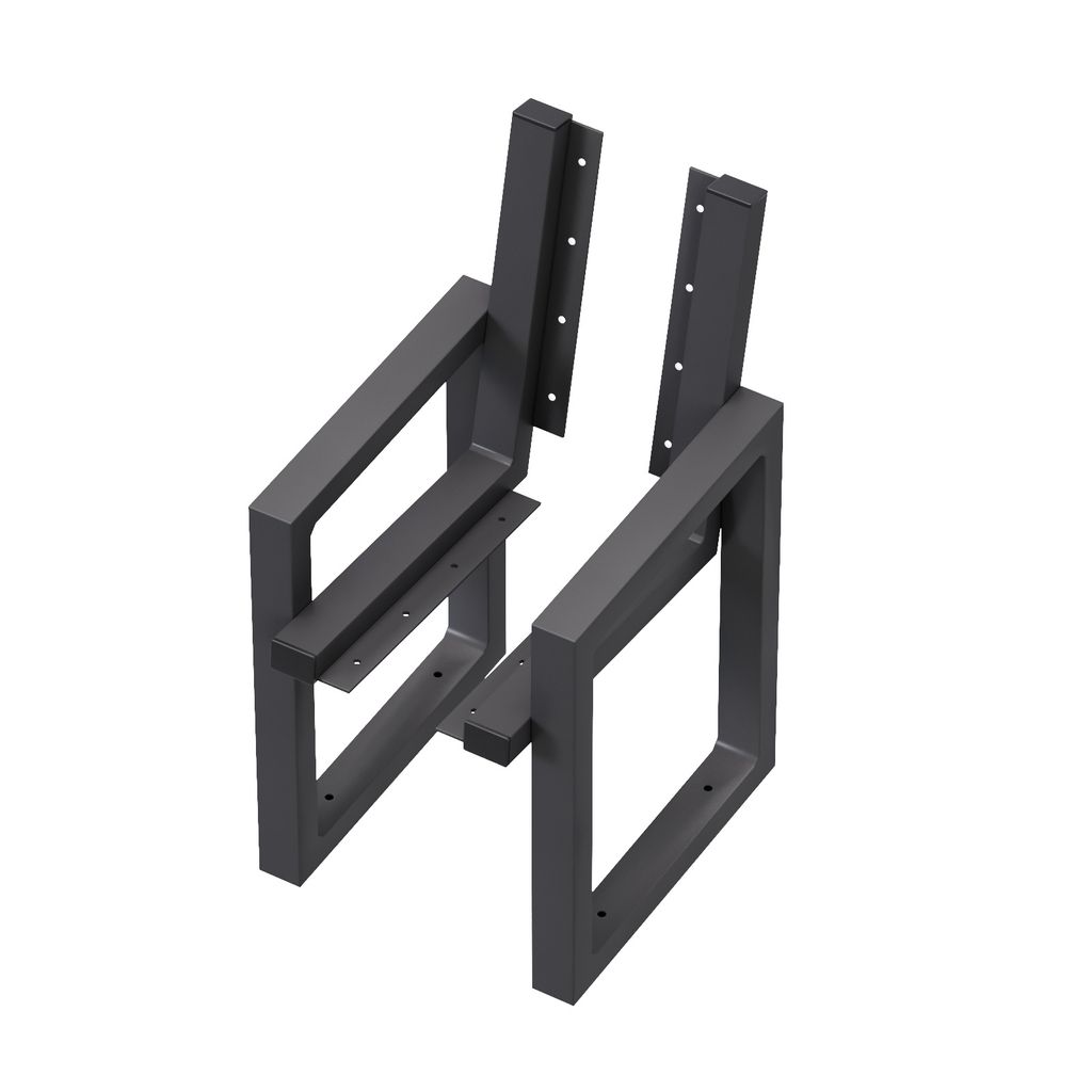 A pair of black metal bench legs shown from a slightly elevated angle against a white background.