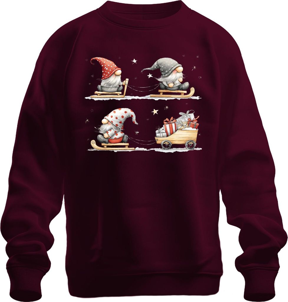 Weihnachtswichtel Schlitten Geschenke Sterne Schnee Niedlich Uni Sweatshirt Pullover, Burgundy, M
