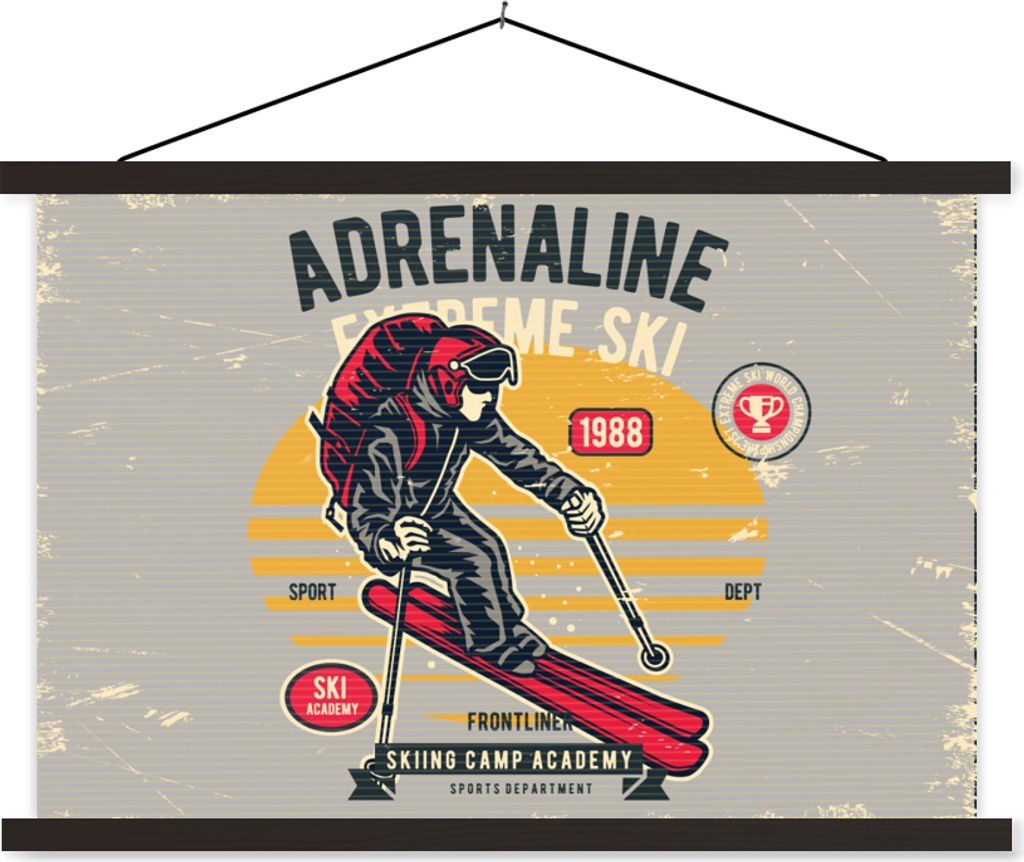 MuchoWow Textilposter Ski - Grau - Vintage 150x100 cm mit schwarzem Rahmen - Schlafzimmer