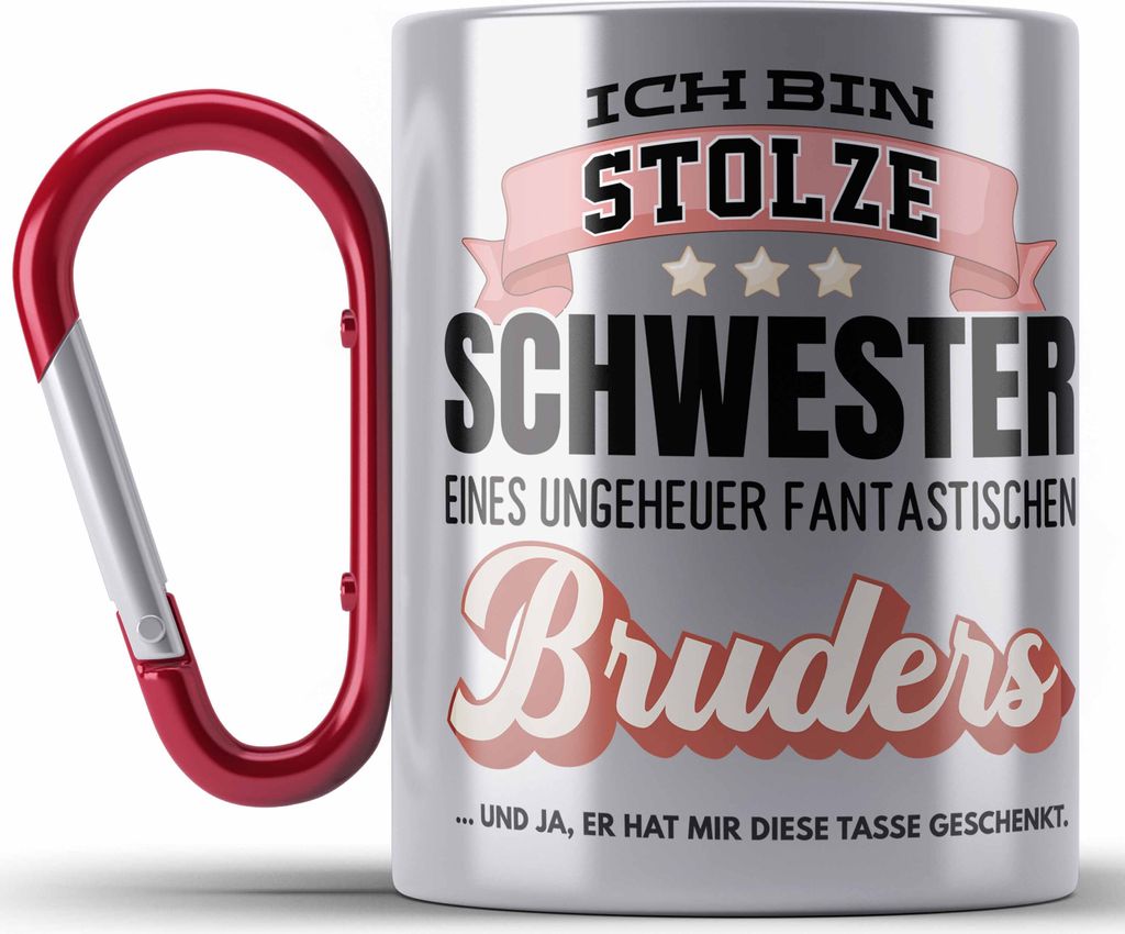 Trendation - Schwester Geschenk von Bruder Geburtstag Edelstahl Tasse Karabiner Geschenkideen Edelstahl Tasse Karabinern mit Spruch für Beste Schw...