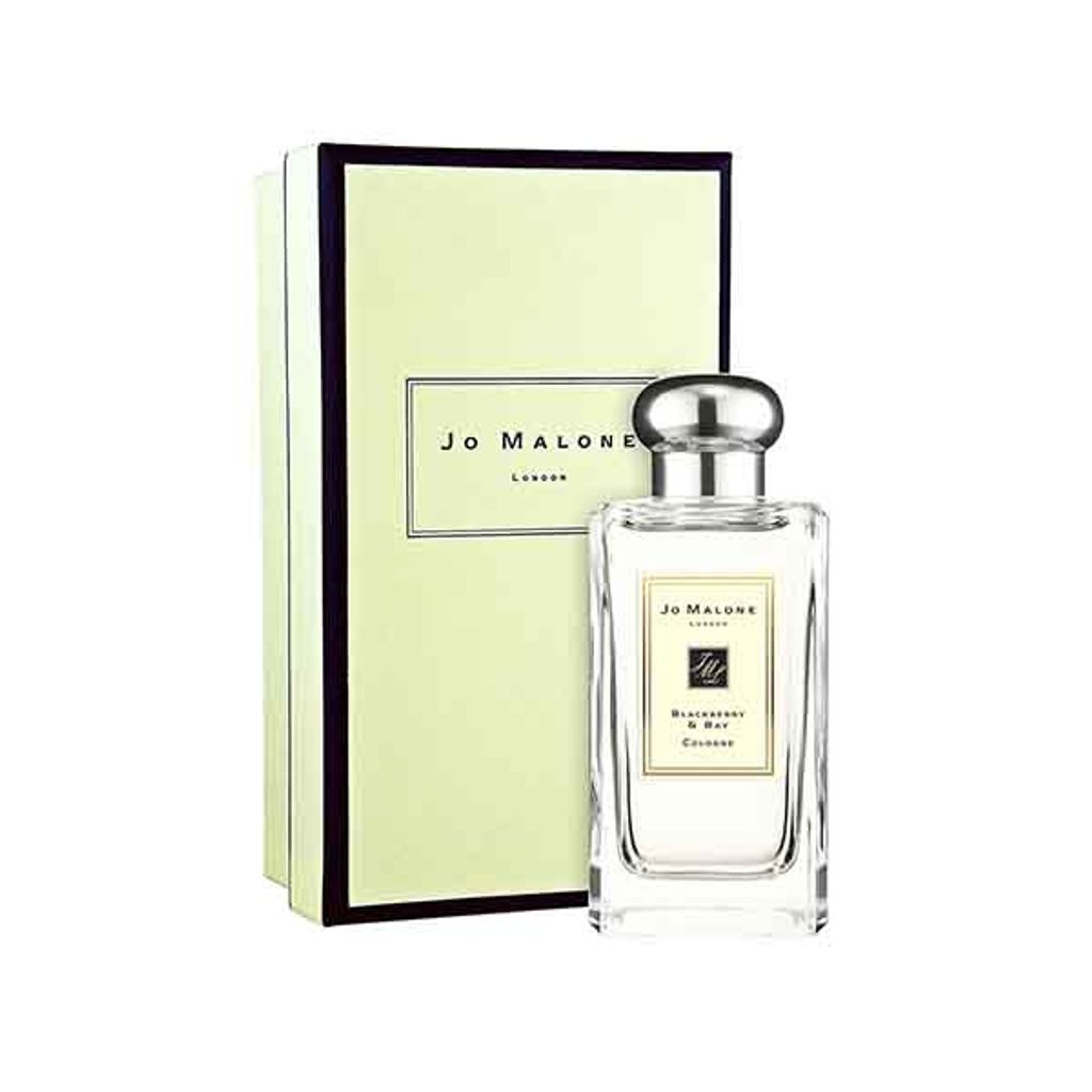A bottle of Jo Malone Blackberry & Bay Eau de Cologne is displayed next to its packaging.