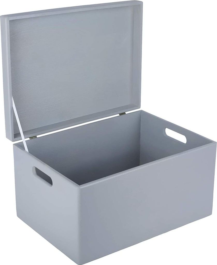 A grey wooden storage box with its lid open, shown against a white background.