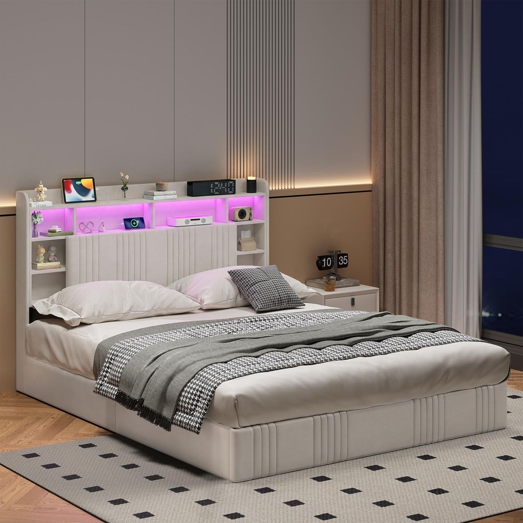 ProximaX Stauraumbett 140x200 cm Beige Leinen mit Produktbild 