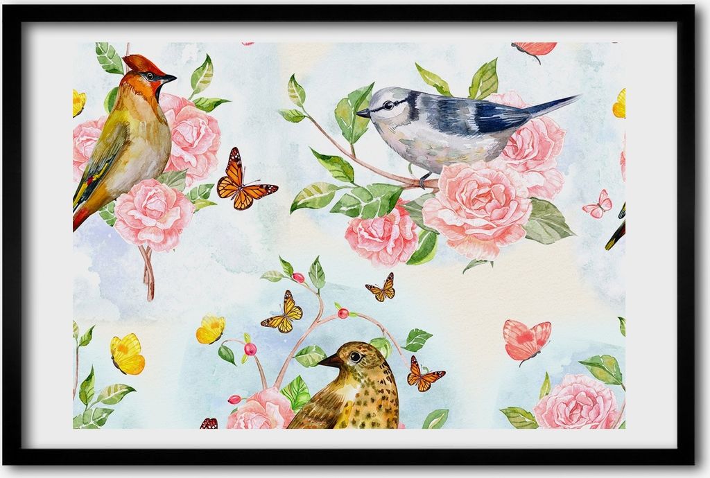 Bild 60x40 MDF-Rahmen, Wandkunst Vögel und Rosen