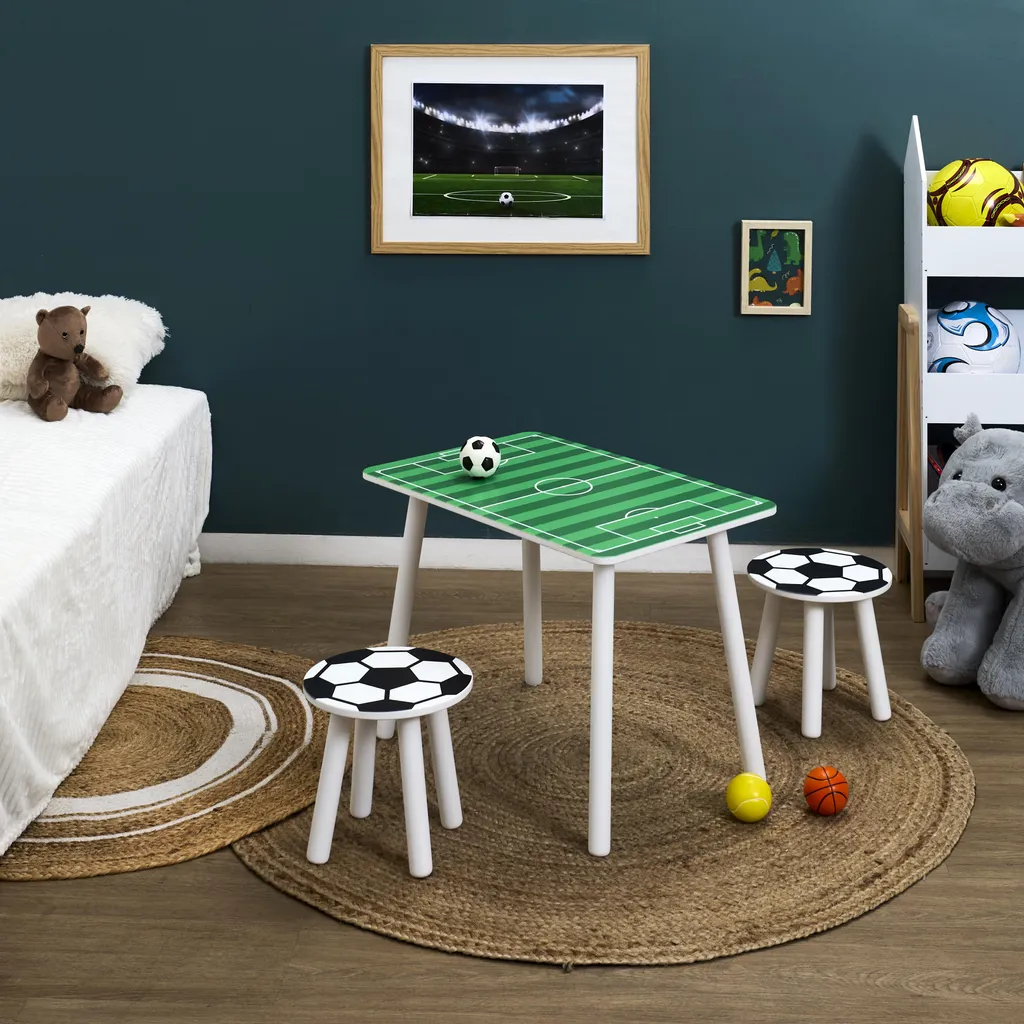 Table et 2 Tabourets Foot en Bois Robuste - Mobilier Thème Sport Enfant