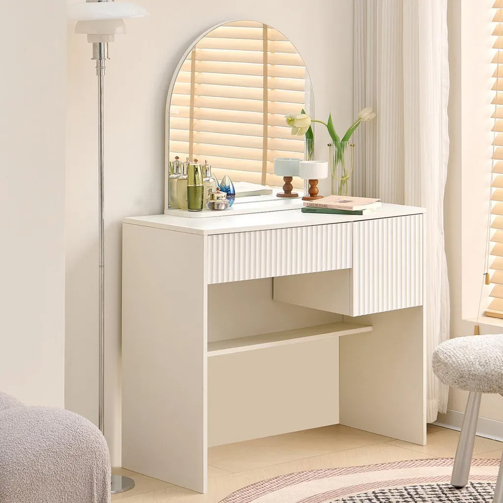 Coiffeuse avec miroir blanche 90cm - Coiffeuse moderne tiroirs et étagères