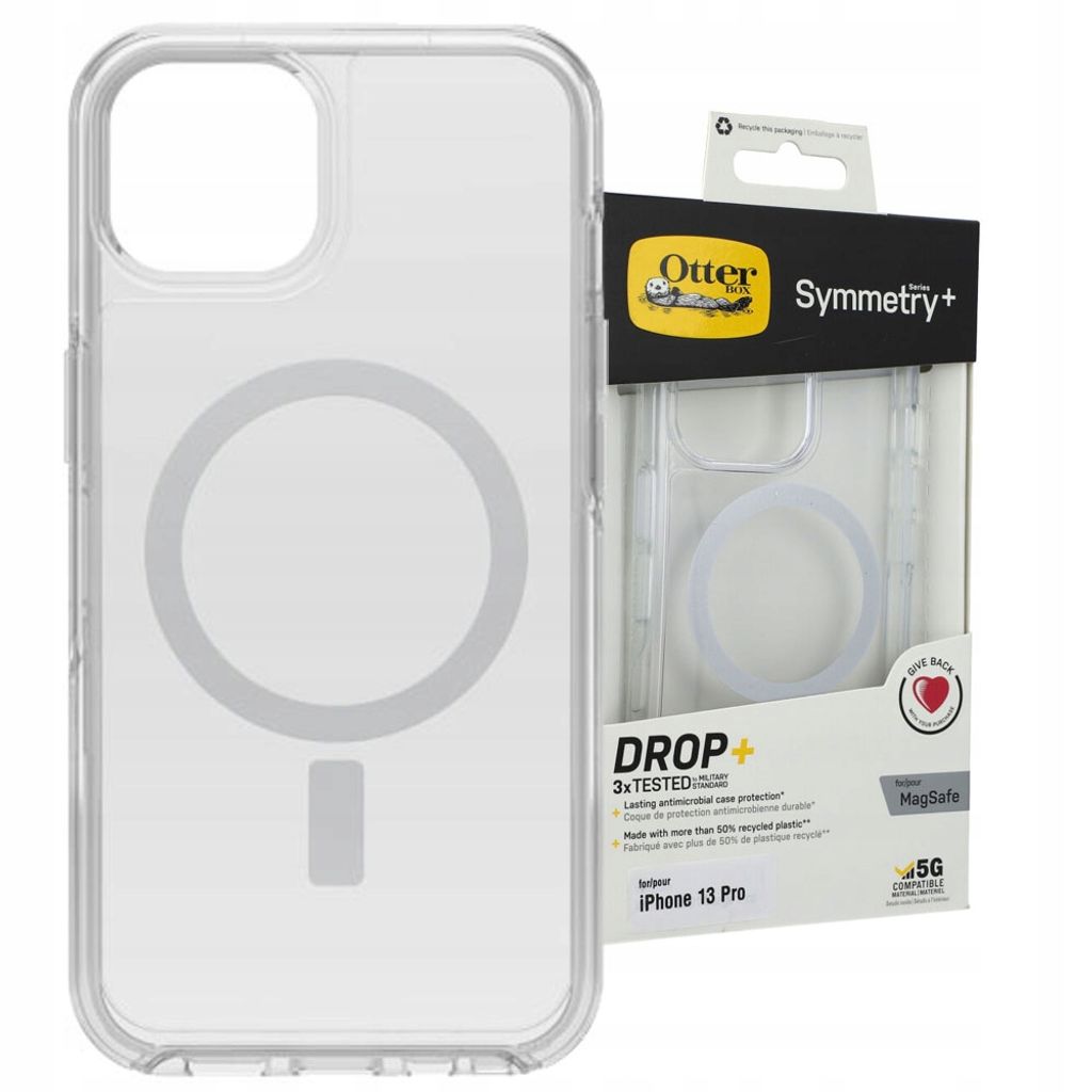 A clear iPhone case with MagSafe ring is shown next to its packaging.