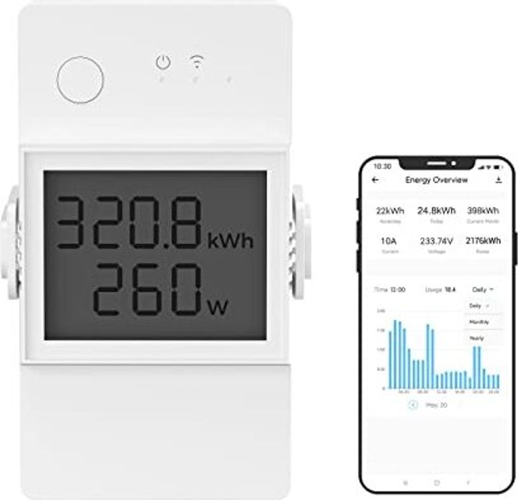 SONOFF LCD Digitaler Stromzähler, Smart Wlan Energiezähler 1 Phase 16A/4000W, DIN-Schienen-Wechselstromzähler mit Stromverbrauchsmessung und