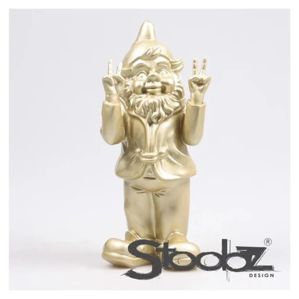 Gnome Stoobz Peace Doré 31cm - Décoration en Résine Style Contemporain