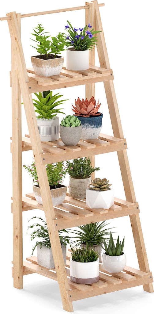 A wooden plant stand with multiple shelves filled with various potted plants.
