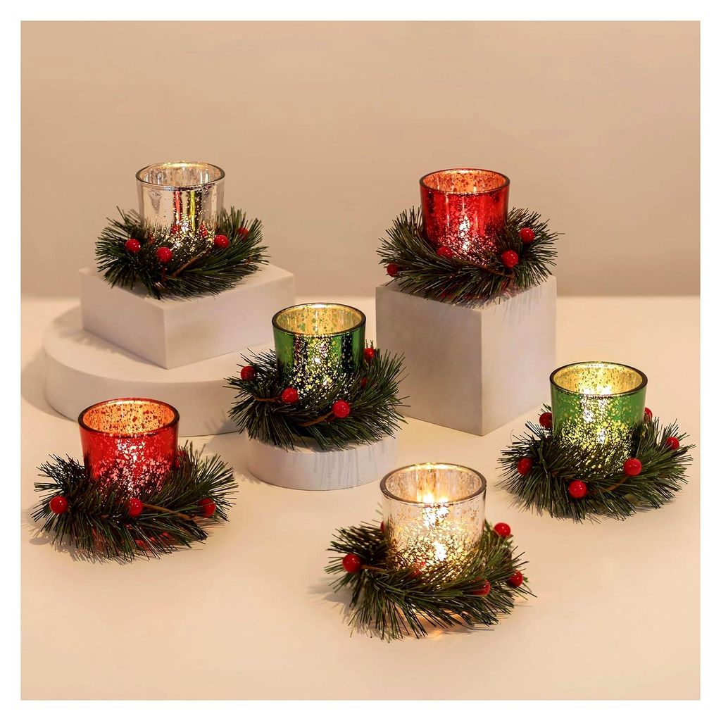 Teelichthalter für die Weihnachtsdekoration: 6er Set Teelichtgläser mit Weihnachtskranz für Tischdeko