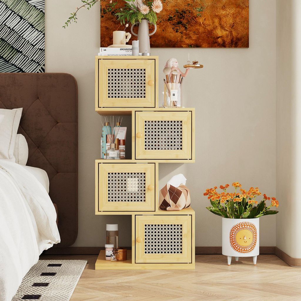 4-stöckiges Bücherregale, Bücherschrank mit 4 Türen, Korbgeflecht-Tür, Unregelmäßige Form, MDF, Holzfarbe, 40 × 40 × 85 cm