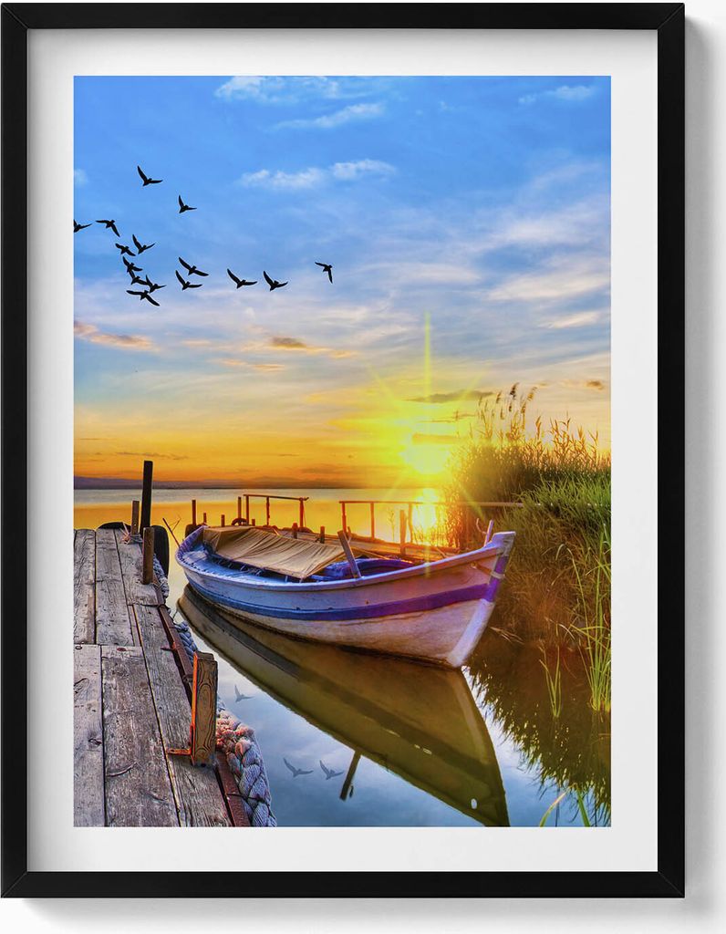 Seeblick und Sonnenuntergang– Wandbild mit Rahmen – Gerahmtes Bild – Wanddekoration – 60x80 cm – Schwarz Rahmen