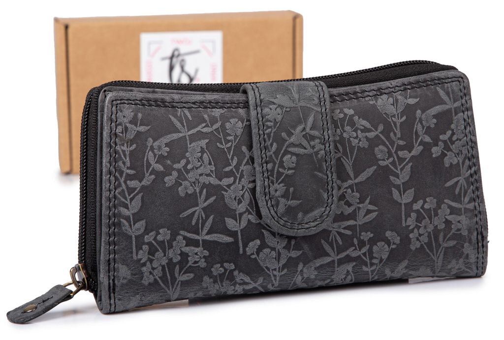 Große Damen Geldbörse Portemonnaie Echt Leder RFID Blumenmuster Schwarz