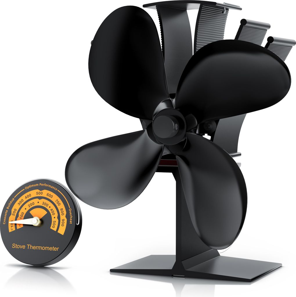 Brandson Kaminventilator ohne Strom, Ofenventilator inkl. Thermometer für Kamin, Kaminöfen, Holzöfen, Öfen, Ventilator, 4 Flügel Rotorblätter...