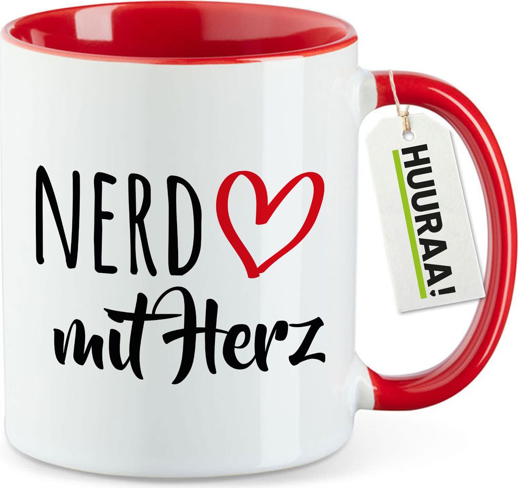 Huuraa Kaffeetasse Nerd mit Herz 330ml Rot Keramik Kaffeebecher Geschenkidee