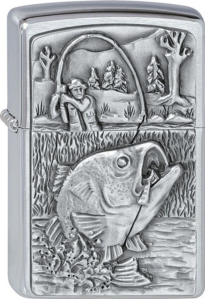 A close-up of a Zippo lighter with a bass fishing scene embossed on it.