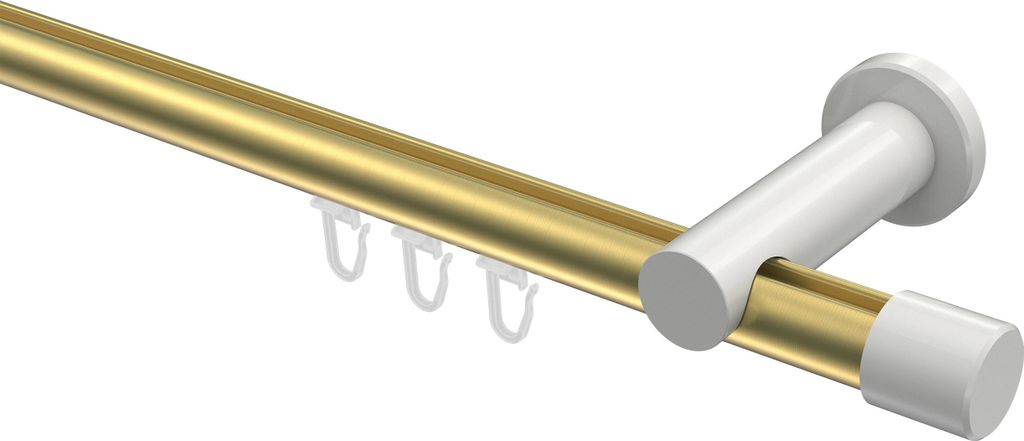 Interdeco Innenlaufstange / Gardinenstange mit Innenlauf Messing-Optik / Weiß, Typ Platon Santo (Kappe), 20 mm Ø 1-läufig, 480 cm