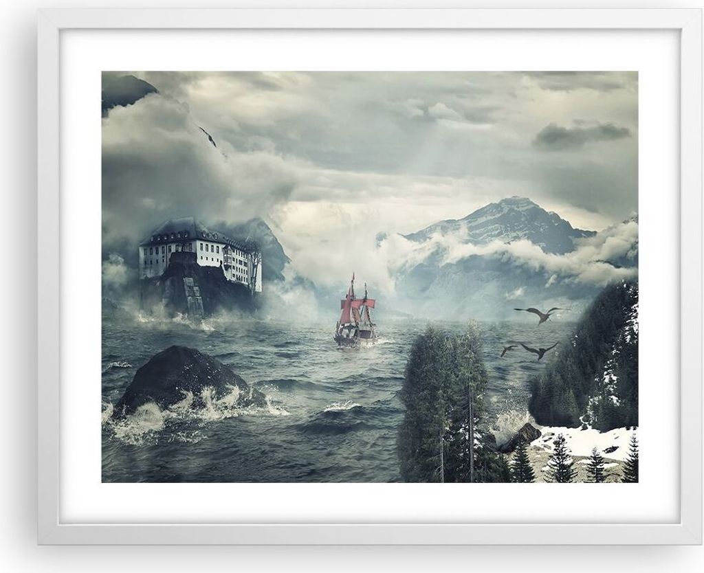 Gerahmtes Poster - Weißer Rahmen - Sturm Berge Segelschiff Produktbild 