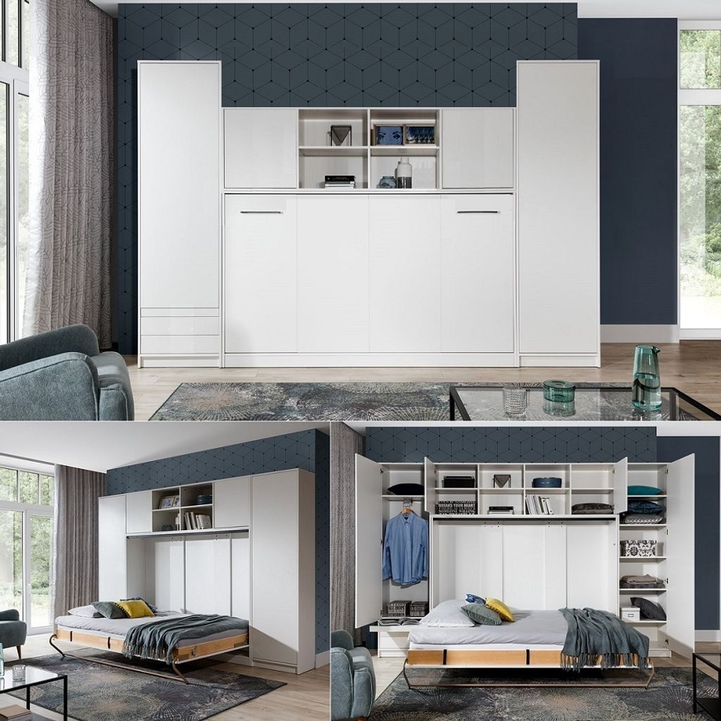 Schrankbett Wandklappbett horizontal HB 90x200 mit aufsatz & 2 Schränken weiß hochglanz