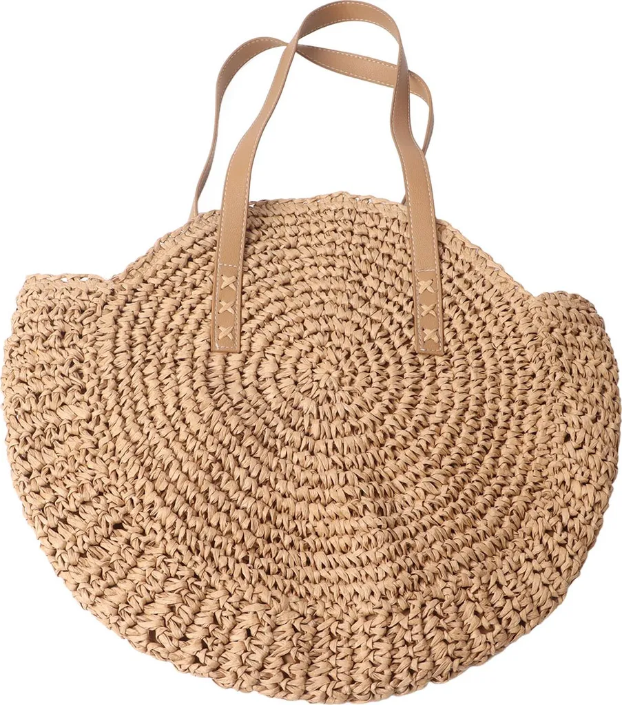 Sac de shopping rond en paille kaki pour femme idéale voyage et ville