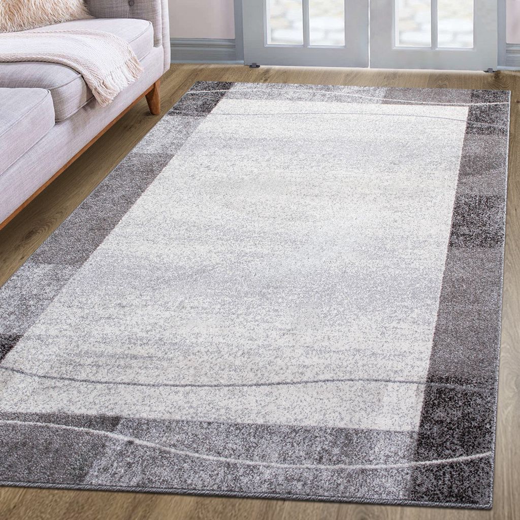 oKu-Tex Webteppich PHOENIX | Wohnzimmerteppich | geometrisches Design |weicher Kurzflor |dichte Qualität | Farbe: hellgrau |80 x 150 cm