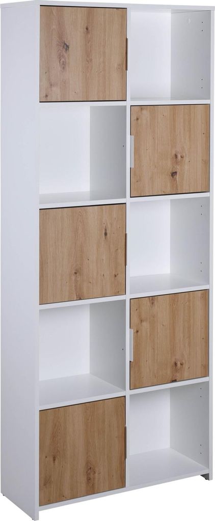 FURNARO Standregal Schrank Leo mit 5 Türen Eiche Artisan weiß 77 x 30 x 185cm