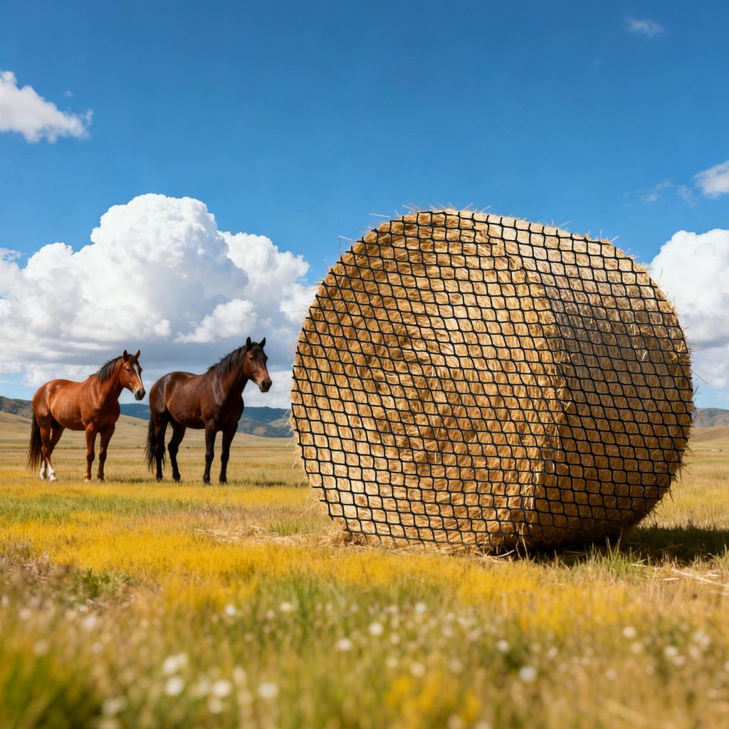 Two horses stand in a grassy field next to a large round bale of hay covered in a black net.