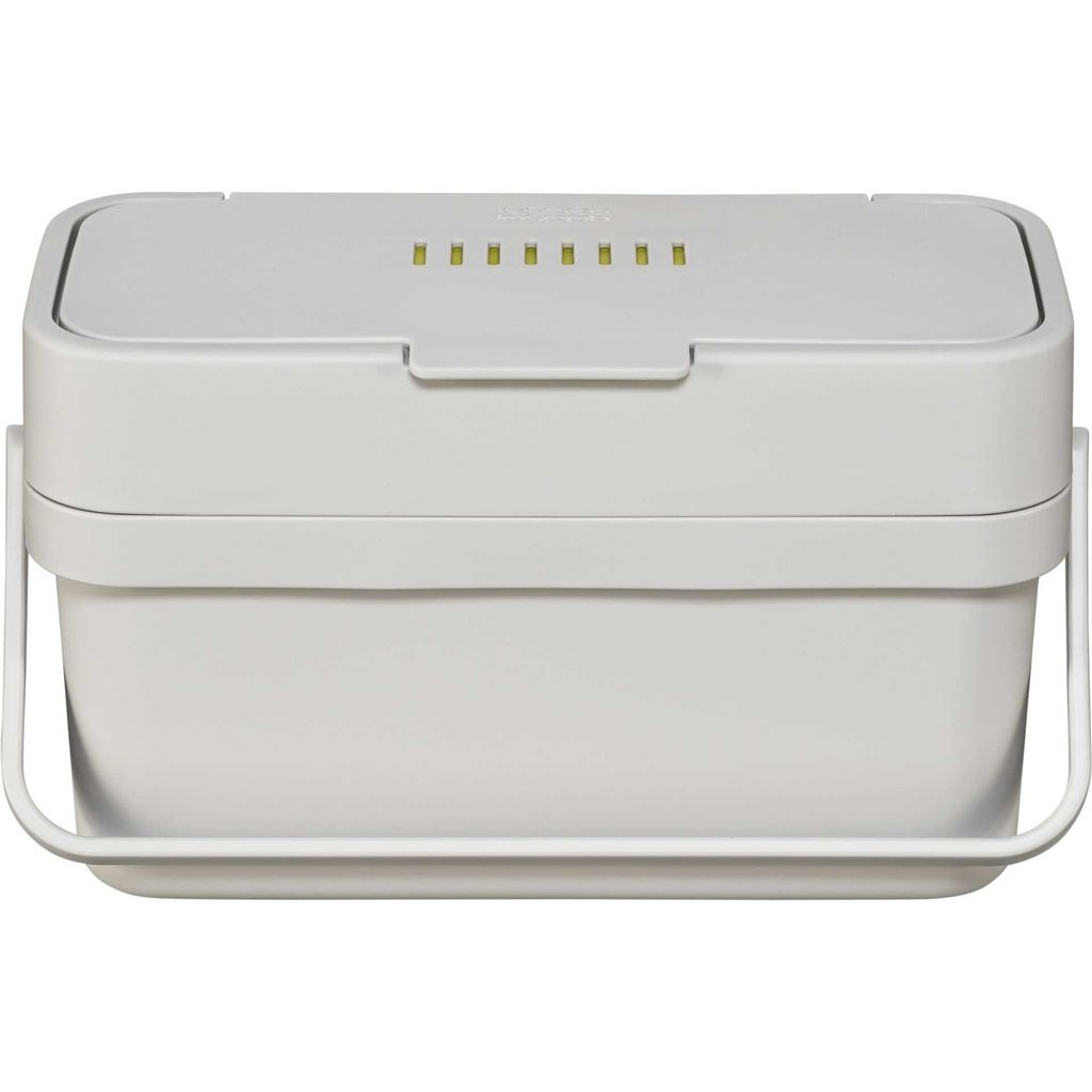 A white compost bin with a handle and a lid with indicator lights.